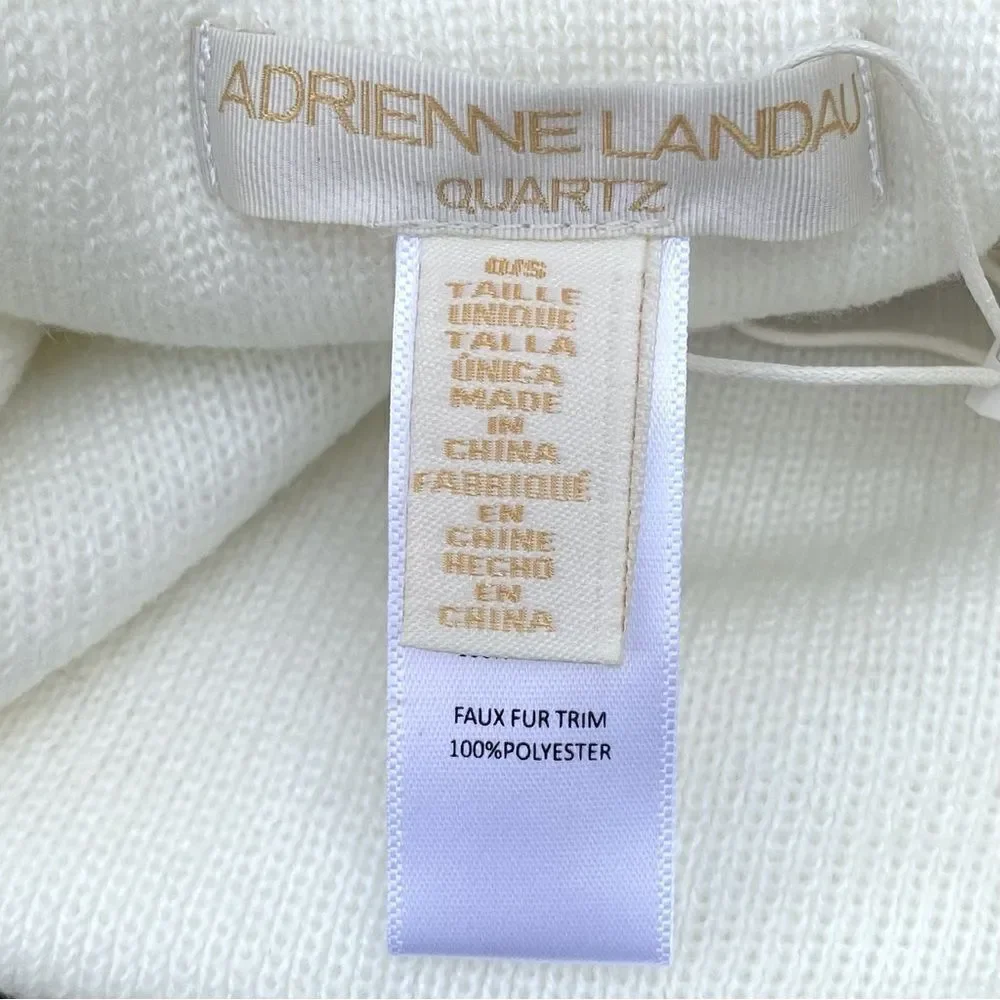 NWT Adrienne Landau White Beanie Hat/Beanie Silver Crystals Faux Fur Pom Pom OS